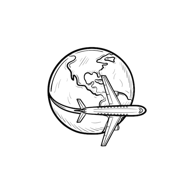 Vector airplane flying around the world hand drawn outline doodle icon. business and tourism, airplane journey concept