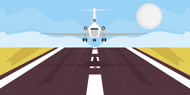 Vector airplane landing illustration travel vacation. business trip boarding airline departure. 