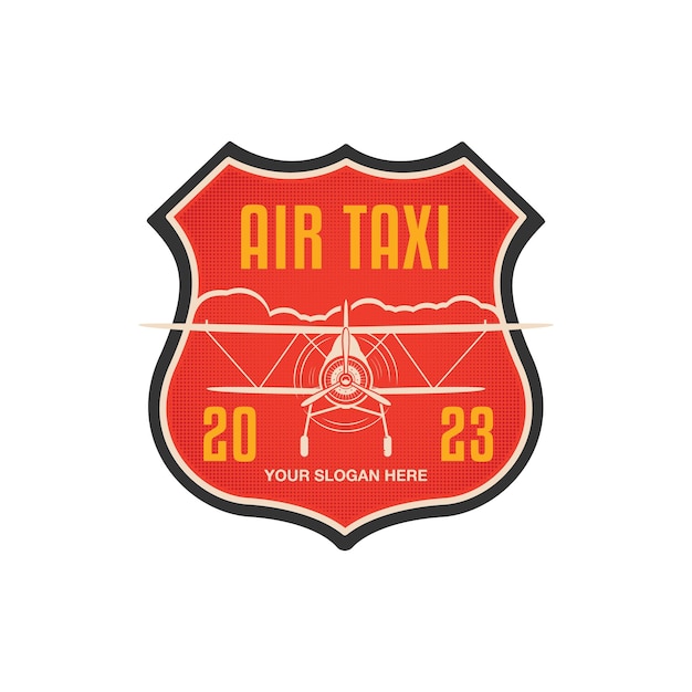 Airplane logo template with retro retro plane and clouds Plane badge graphics for tshirt sticker Flight brand identity Stock vector label isolated on white background