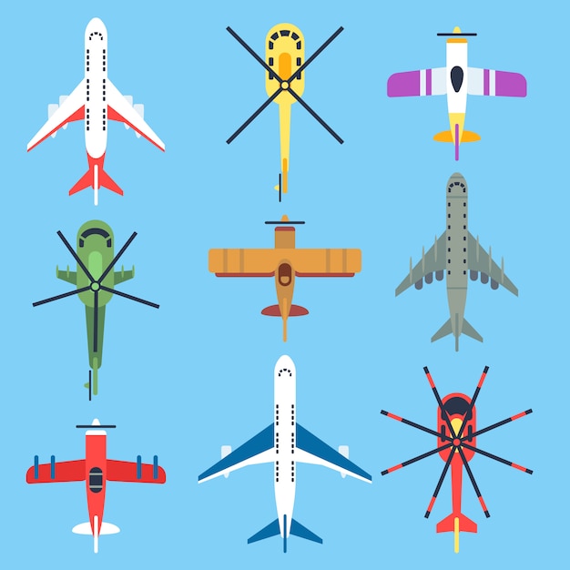 Airplane, plane, helicopter, jet top view flat icons. 