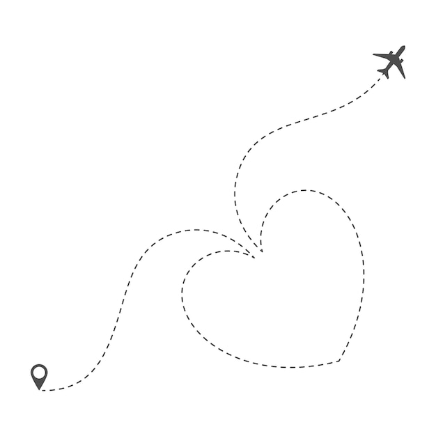 Airplane route with dashed line in form of heart. romantic valentines day trip or vacation. Love of traveling by plane. isolated vector illustration