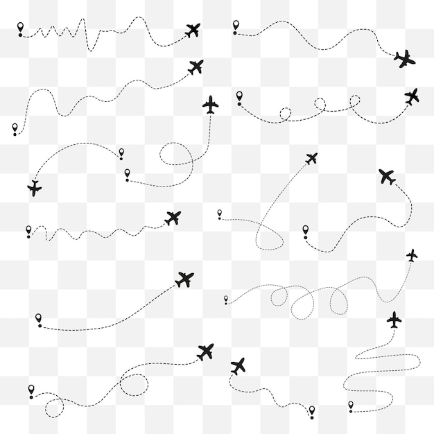 Airplane routes on transparent background Romantic travel concept Airplane line path vector icon