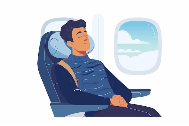 Vector airplane seat man wearing travel pillow