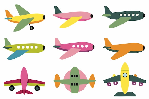 Airplane set flat illustrations on white background