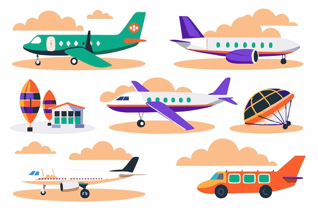 Airplane set flat illustrations on white background