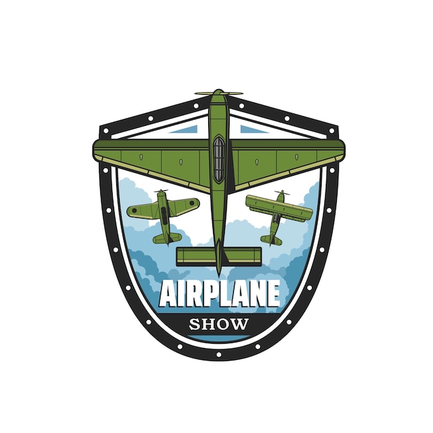 airplane show icon with retro propeller plane and biplane flying in sky