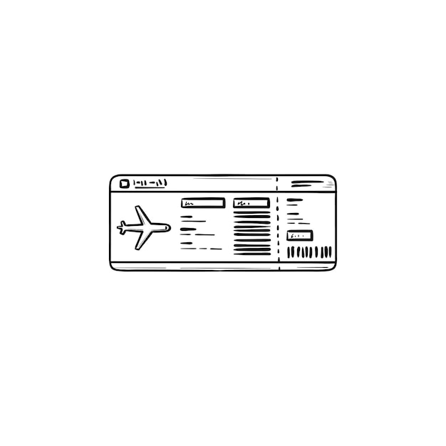 Airplane ticket hand drawn outline doodle icon. Plane travel, boarding pass and airport, flight concept. Vector sketch illustration for print, web, mobile and infographics on white background.