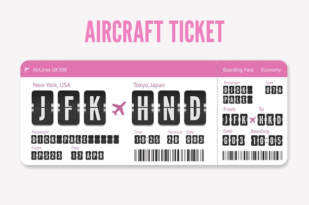 Airplane Ticket template Pink flight card with destination in Tokyo Japan Vector Boarding pass