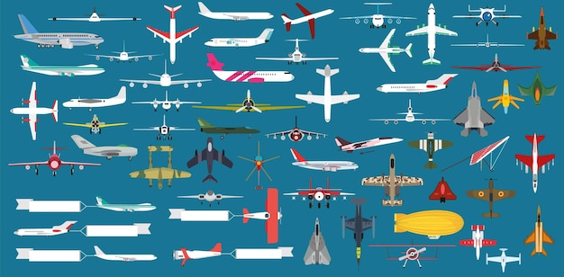 Airplane transportation plane and fly travel transport icon Aircraft set flight and aeroplane