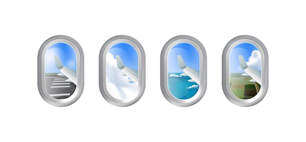 Airplane windows with different outside view runway sky ocean and ground vector illustration