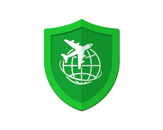 Airplane with globe on green shield travel insurance concept safe flight by plane badge concept jet