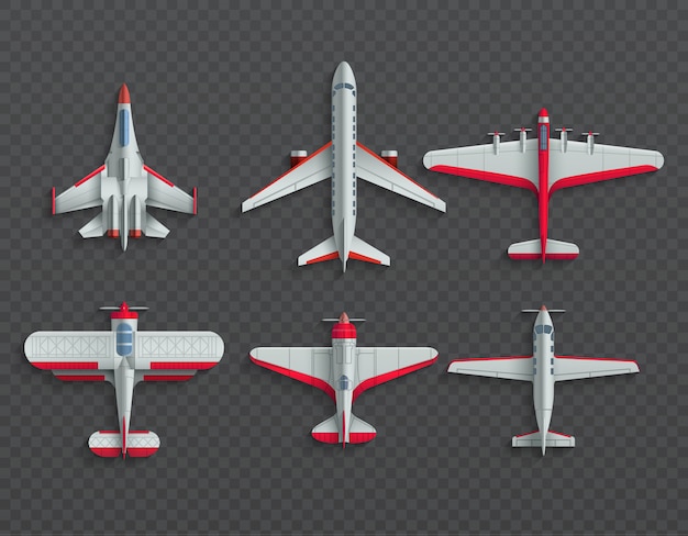 Airplanes and military aircraft top view. 3d airliner and fighter vector