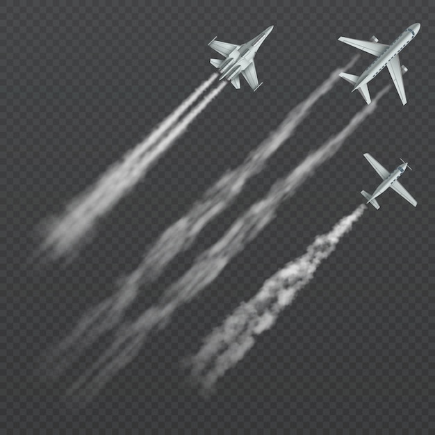 Airplanes and military fighters with condensation smoky trail isolated collection. 