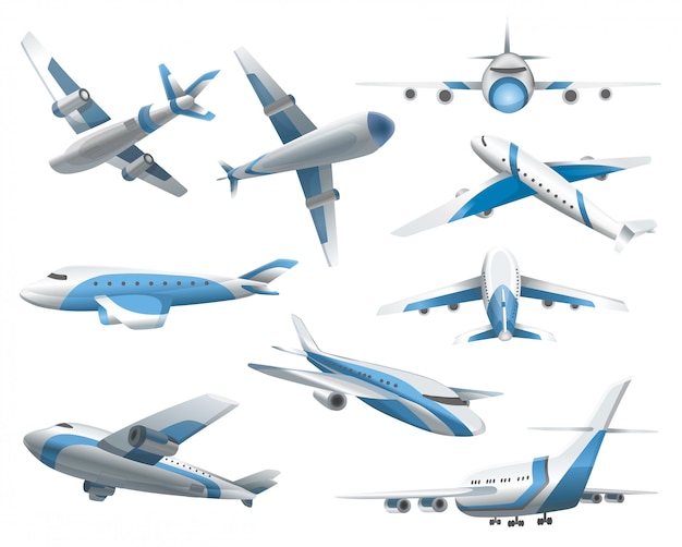 Airplanes on white background. Airliner in top, side, front view and isometric. realistic aircraft. Passenger plane, sky flying aeroplane and airplane in different views