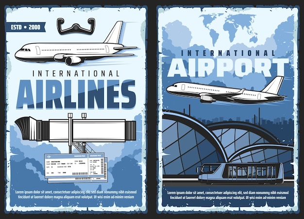 Vector airport and airplane international flight posters