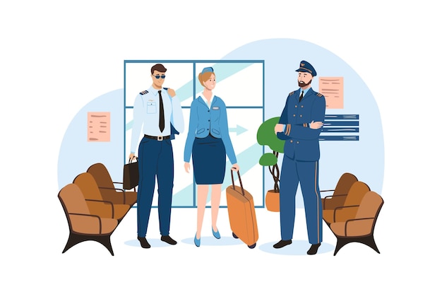 Airport blue concept with people scene in the flat cartoon design airport workers