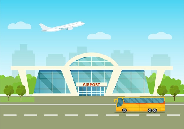 Vector airport building exterior with bus, airplane and city. vector flat style illustration.