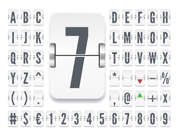 Airport flip board font for flight timetable or stock exchange rates vector illustration White terminal mechanical scoreboard bold alphabet with numbers for travel schedule