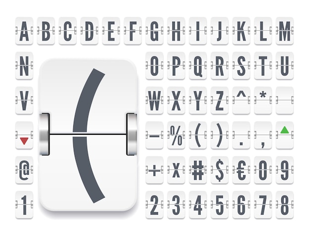 Airport flip board regular font for stock exchange rates White terminal mechanical scoreboard alphabet for destination and departure vector illustration