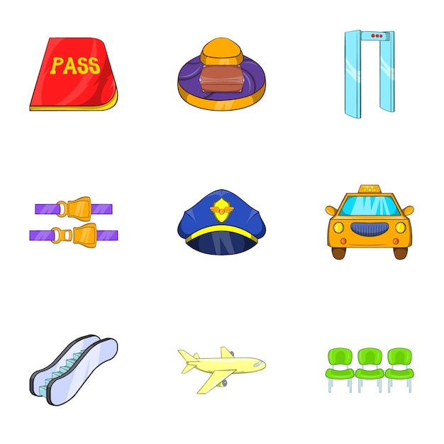 Airport icons set, cartoon style