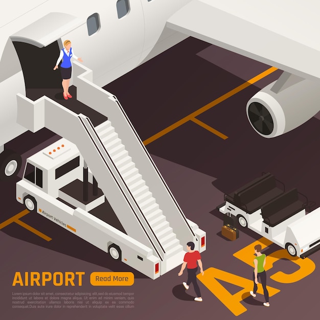 Airport isometric illustration with aircraft airstairs truck and people