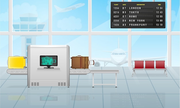 airport lounge with baggage scanner and scoreboard vector illustration