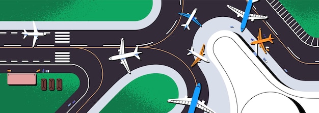 Vector airport runway with aircrafts top view aviation banner overhead of terminal for flight landing and take off of airplanes airdrome with planes on airstrips background flat vector illustration