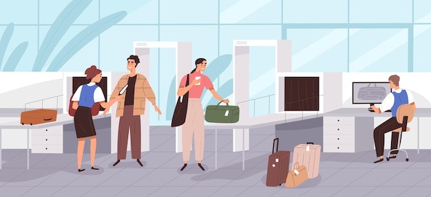 Airport security checkpoint. Police officers checking baggage, scanning people tourists. Passengers control with scanners, frames, metal detectors, computers at terminal. Flat vector illustration.