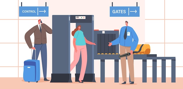 Airport Security Conveyor Belt Scanner, Terminal Checkpoint Metal Detector with Traveler Characters and Baggage. Passengers Check Luggage on X-ray in Airport. Cartoon People Vector Illustration