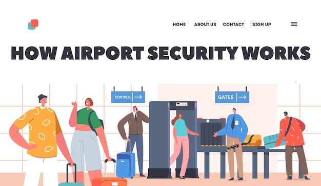 Airport Security Landing Page Template Characters Pass through Metal Detector Frame Police Department Screening Scan