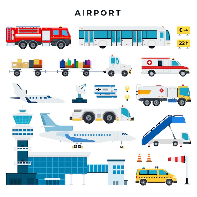 Airport, set of icons. Airport building, control tower, aircraft, vehicles of the airport ground services