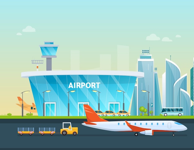 Airport terminal building and airplanes taxi car loader Airplane on runway on city background