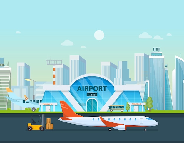 Airport terminal building and airplanes, taxi, car, loader. Airplane on the runway on modern city background. Modern architecture building airports set. Public transport, taxi cars vector