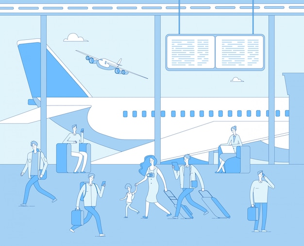 Airport terminal. People inside airfield airport. Man woman passenger in comfort lounges. Departure plane scoreboard.  concept