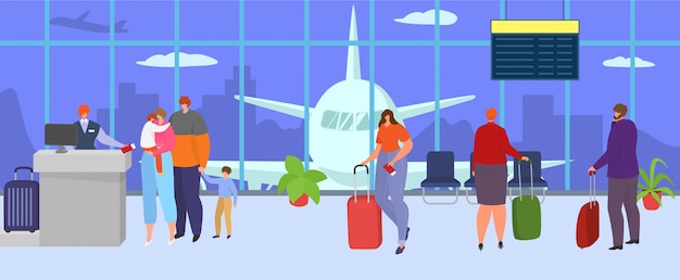 Airport terminal for travel,  illustration. Family character with luggage wait plane flight in hall,  journey departure for people trip. Airplane tourist baggage at  vacation.