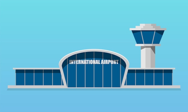 Airport terminal with air trafiic control tower flat style vector illustration