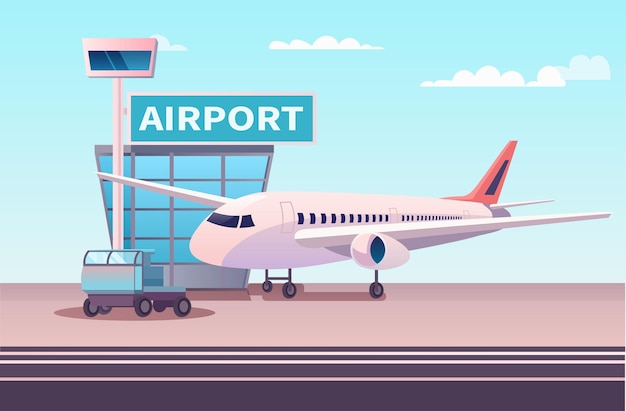 Airport terminal with aircraft flying plane taking off summer vacation concept horizontal vector illustration