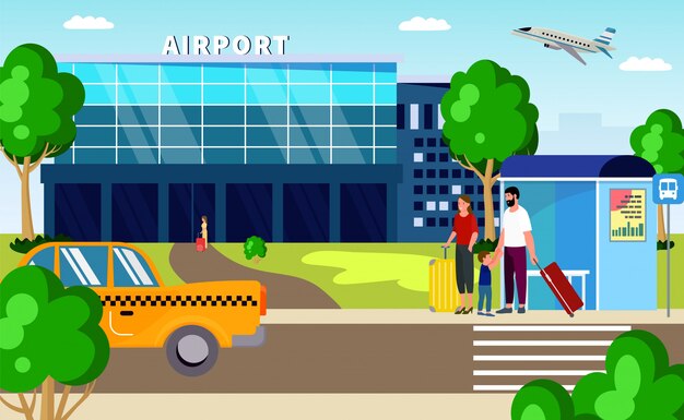 Vector airport transfer, taxi and transport  illustration. family passenger character with luggage in trip for travel, car journey.