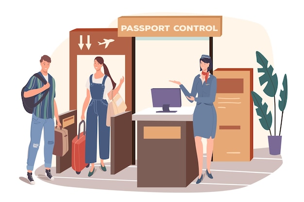 Airport web concept. Passengers receive passport control and goes to boarding plane. Couple travels together. Security service