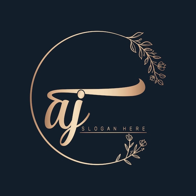 aj calligraphic and signature vector logo design with circle in gold color leaf and flower