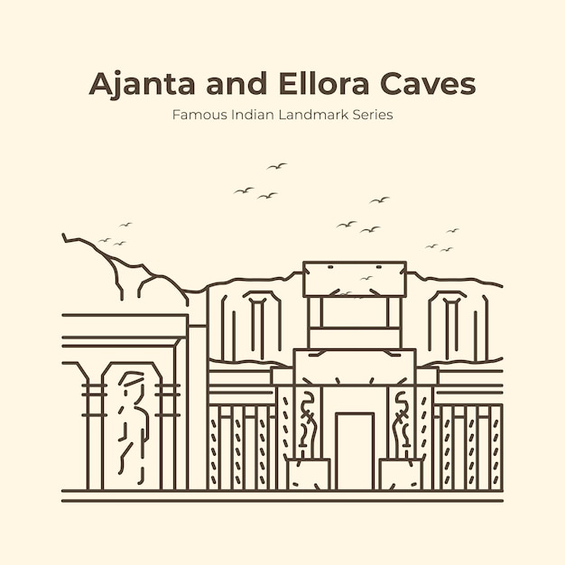 Ajanta and Ellora Caves Indian Famous Landmark Outline Illustration