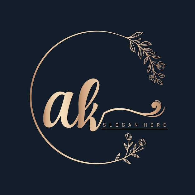 ak calligraphic and signature vector logo design with circle in gold color leaf and flower