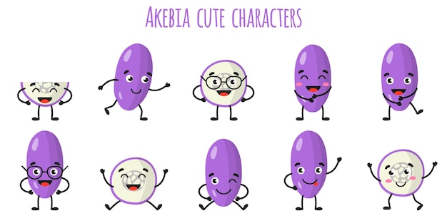 Akebia fruit cute funny cheerful characters with different poses and emotions. Natural vitamin antioxidant detox food collection.   cartoon isolated illustration.