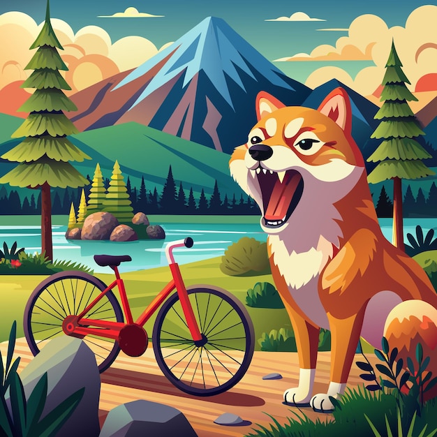 Akita dog furious screams lake Bicycle vector