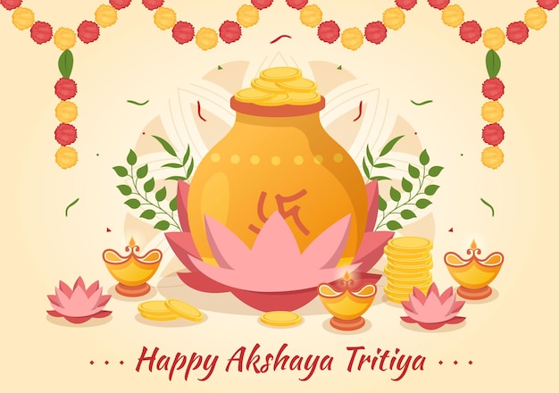 Akshaya Tritiya Festival Illustration with a Golden Kalash and Gold Coins in Hand Drawn Templates