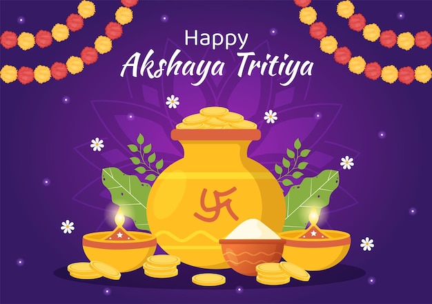 Akshaya Tritiya Festival Illustration with a Golden Kalash and Gold Coins in Hand Drawn Templates