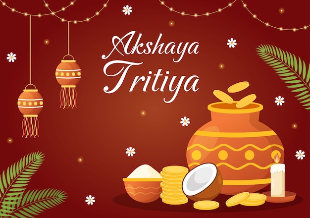 Akshaya Tritiya Festival Illustration with a Golden Kalash and Gold Coins in Hand Drawn Templates