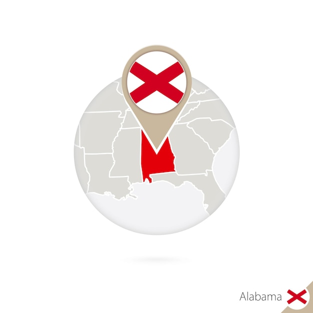 Alabama US State map and flag in circle. Map of Alabama, Alabama flag pin. Map of Alabama in the style of the globe. Vector Illustration.