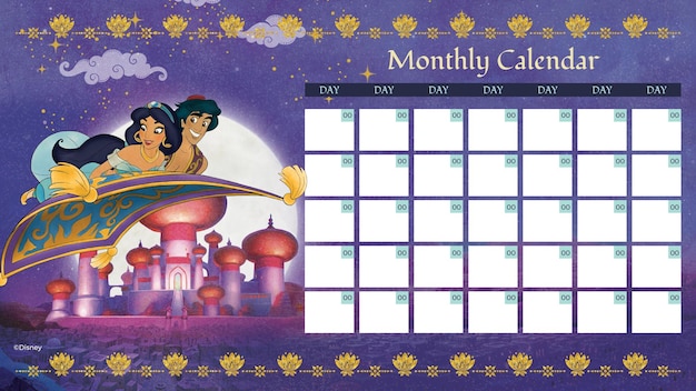 Aladdin and Jasmine Monthly Calendar