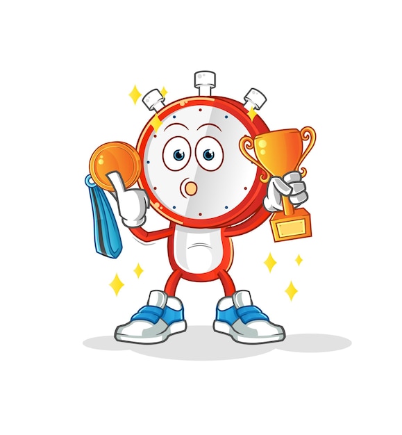 Alarm clock head cartoon winner with trophie cartoon character